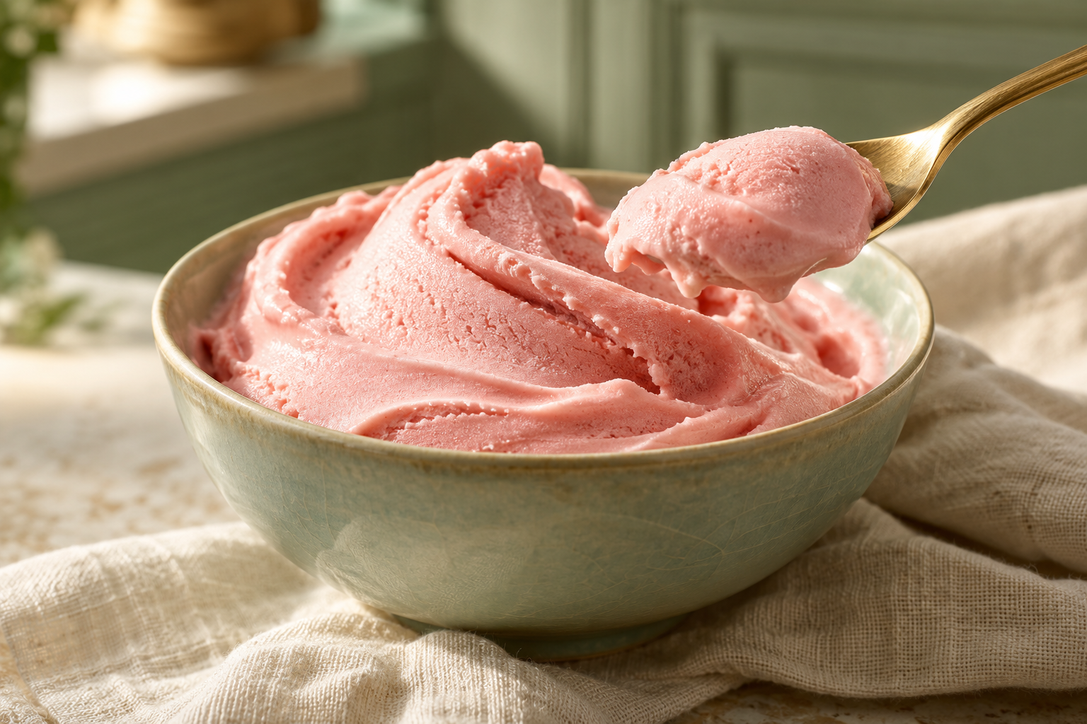 Illustration of a velvety pink frozen dessert in a celadon bowl with a golden spoon.